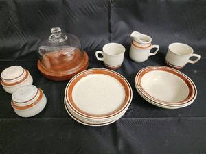 lot 72 image: Chateau Hand-Painted Stoneware Dinnerware Set, Japan - Plates, Mugs, Creamer, Sugar Jars, Cake Dome
