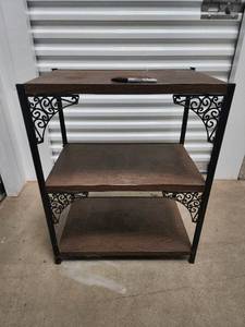 lot 82 image: Three-Tier Wood & Iron Shelf with Decorative Scrollwork Brackets