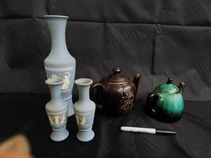 lot 92 image: Made in Japan Ceramic Vase Set - Celadon Blue Vases (3) & Brown Floral Teapot & Green Teapot