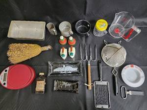 lot 96 image: Vintage Kitchen Tools Lot - Red Digital Scale, Grater, Skewers, Shakers, Osterizer