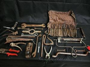 lot 108 image: Vintage Rusty Hand Tools Collection - Wrenches, Pliers, Drill Bits & More