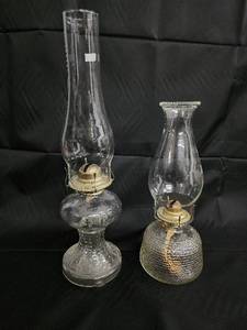 lot 118 image: Vintage Clear Glass Hurricane Oil Lamps - Brass Burners (Pair)