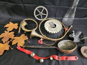 lot 121 image: Antique Brass Lamp Parts & Vintage Metal Decor Collection - Glass Shade, Leaves, Bells