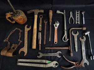 lot 122 image: Vintage Hand Tools Lot - Wrenches, Pliers, Hammer, Oil Can & Chain