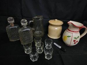 lot 124 image: Crystal Cut-Glass Decanter Pair with Stoppers, Glass Tumblers & Ceramic Pitchers
