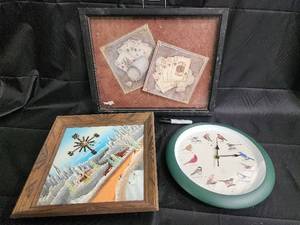 lot 139 image: Bird Clock & Winter Landscape Print & Playing Cards Wall Art (Lot of 3)