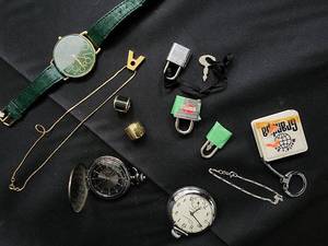 lot 143 image: Vintage Pocket Watches & Jewelry Lot - Green Strap Watch, Locks, Necklace