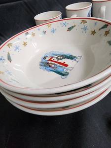 lot 151 image: Snowman Holiday Dinnerware Set with Red Rim - Bowls & Mugs & Christmas Decor