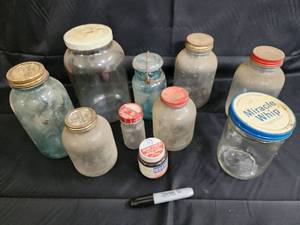 lot 156 image: Atlas Seal-All Mason Jars - Vintage Glass Canisters with Miracle Whip & Red Star Lids