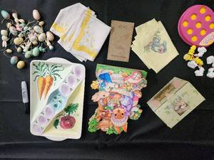 lot 157 image: Vintage Easter Decor - Bunny Salt & Pepper Shaker Set, Egg Tray, Litany Book, Chick Tattoo Toy