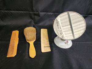 lot 165 image: Vintage Vanity Mirror with Floral Ceramic Base & 3 Yellow Hair Tools - 4-Piece Set