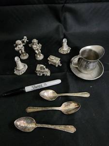 lot 167 image: Pewter Figurines & Vintage Tableware - Cherubs, Lighthouses, Trains, Vollrath Cup, WM Rogers Spoon