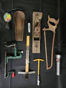 lot 176 image: Vintage Woodworking Tools - Hand Planes, Saws, Brace, Ruler, Flashlight