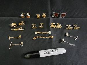 lot 189 image: Assorted Gold-Tone Costume Jewelry - Cufflinks, Earrings, Tie Clips & Bracelet