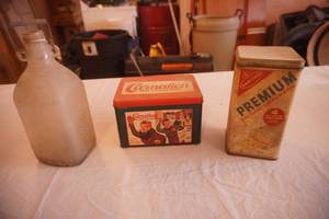 Vintage Tins & Clear Glass Jug