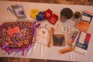 Girls Messenger Bag, Galvanized planter, watering can picture frame, money rent receipt book, phone message receipt book