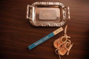 Vintage plated Tray Twen Bird. Ceramic Baby Shoes, Baptism Candle