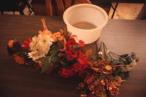 Artificial Flowers & Large Round Tupperware Container
