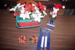 Holiday Wicker Basket, Artificial Flowers, Battery Operated Candlesticks