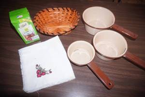 Vintage Enamel Sauce Pots, wicker basket, Kerr Lids, Embroidered Towel