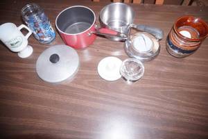 Kitchen Lot sauce pots & lids, vintage glass jar, milk glass mug, stoneware vase