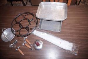 Kitchen Lot Vintage Bar Tool Set, Cake Pans, Screen Covers for Picnics