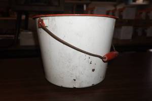 Vintage Enamel Pail. White wred trim