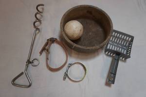 Pet Lot. Collars, Chain Stake, Scoop, Dish
