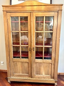 Vintage Display Cabinet - Wood Two-Door Glass-Front with Red Shelves
