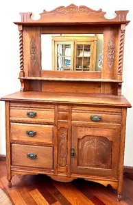 Antique Oak Hutch with Mirror Back & Carved Columns Sideboard