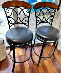 Pair Black Wrought-Iron Bar Stools & Cushioned Seats (Lot of 2 matching lot #5)