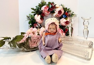 Antique Porcelain-Head Doll in Purple Gingham Dress & Orange Ribbon, Vintage Refrigerator Glass Butter Dish & Wreath