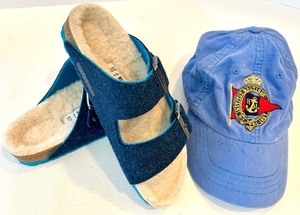 Birkenstock Sandals (EU 37) Two-Strap Blue Suede & Navy Cap with Nautical Crest
