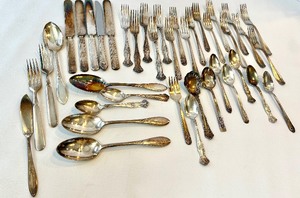 Antique Silver Plate Flatware Set - Ornate Embossed Handles - Assorted Patterns