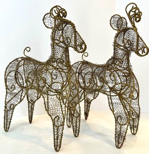 Pair of Wire Reindeer Sculptures - Dark Bronze Mesh Art Figures