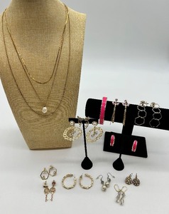 Gold-Tone Pearl Necklace, Pink Enamel Bangle & Assorted Earrings - Fashion Jewelry Lot