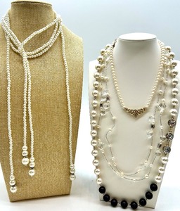 Pearl Necklaces Collection - Multi-Strand White Pearls with Crystals & Gold Tone Centerpiece
