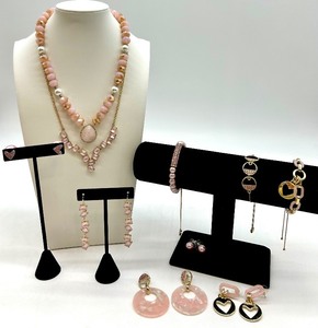 Pink Bead Jewelry Set - Necklace & Bracelet & Earrings with Heart Charms