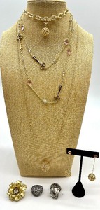 Gold-Tone Jewelry Set Floral Dome Ring, Crystal Flower Ring, Pink Drop Earrings, Multi-Strand Necklace