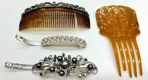 Vintage Hair Combs (Lot of 4) - Rhinestone & Pearl Accents, Tortoiseshell & Amber
