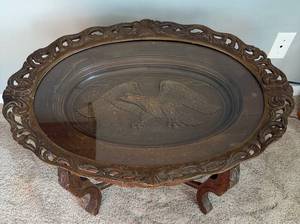 Carved Wood Oval Coffee Table - Eagle Motif