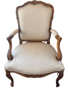 French Rococo Carved Wood Armchair & Damask Upholstery - Seat 25x22, Seat Ht 16in, Ht 38in