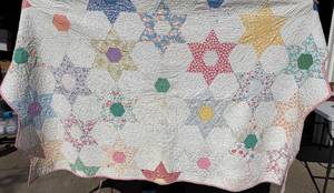 Patchwork Star Quilt - Hexagon Star Patchwork with Floral Prints & Pink Binding - Damaged - For craftsrepurposing