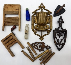 Antique Match Holder - Miniature Bottles, Clothes Pins & Parts Collection