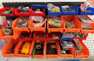 Assorted Hardware in Orange Bins - Screws, Nuts, Bolts & Fittings