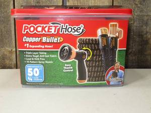 lot 54 image: As Seen on TV 50 Pocket Hose Copper Bullet Thumb Spray Nozzle Black Expandable Hose