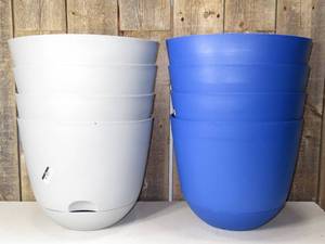 lot 65 image: 8 Self-Watering Plastic Indoor Outdoor Planter Pots Gray & Blue 12x12 - Room Essentials  (some bent)