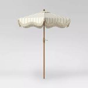 lot 77 image: 6.12 Round Striped Scalloped Fringe Edge Outdoor Patio Umbrella Cream - Threshold