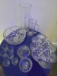 10 Piece Glass Lot- American Brilliant cut glass bowl & serving platter, juicer, shot glasses, sherbert dish,