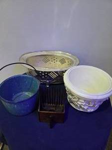 4 Piece Lot- Vintage small blue & white speckled enamelware, Ornate style ceramic plantar, Vintage silver-plated casserole dish, Vintage Entomologists insect sampler